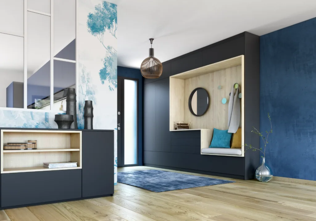 Meuble d'entrée bicolor avec placard, banc et niches intégrés réalisé par Côté Rangement